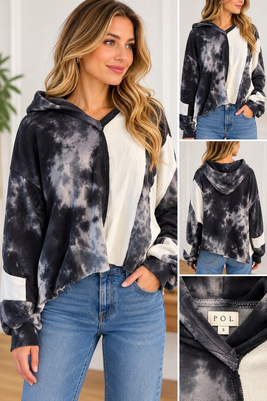 POL Women's Black Gray White Tie Dye Colorblock Asymmetrical Hoodie Size S